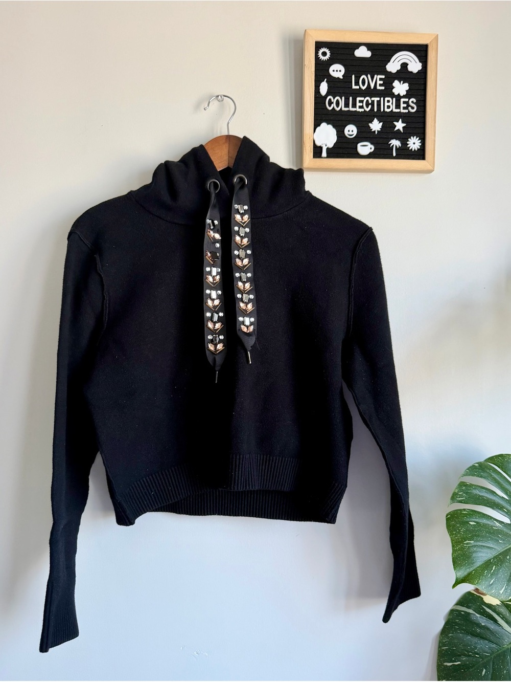 ZARA Knit Embellished Cropped Hoodie Top – Size Large